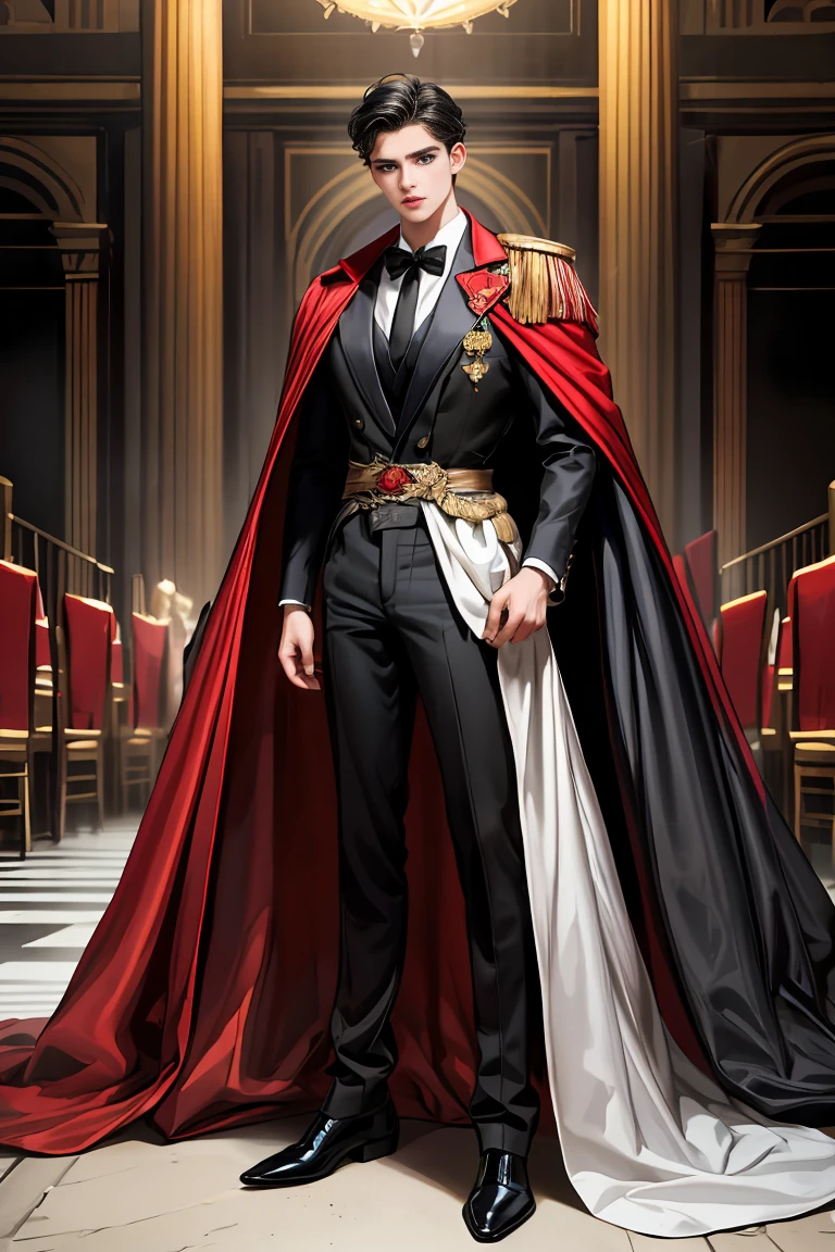 masterpiece, 最high quality, high quality, 1 boy, alone, Male focus, Watching the audience, Messy black hair, Adorable big blue eyes, White people, Noble, Noble,Sexy voluminous black and red cape、Tuxedo、A very voluminous, large, very large, very large, long, long red and black cape with a high stand-up collar, reaching down to the floor, made of a lot of fabric., 17 years old,Cute beautiful boys,Cute, cute, kind, handsome guy