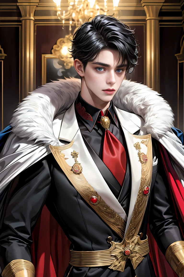 
masterpiece, 最high quality, high quality, 1 boy, alone, Male focus, Watching the audience,  Messy black hair, Adorable big blue eyes, White people, Noble, Noble,Sexy voluminous black and red cape、Tuxedo、A very voluminous, large, very large, very large, long, long red and black cape with a high stand-up collar, reaching down to the floor, made of a lot of fabric., 17 years old,Cute beautiful boys,Cute, cute, kind, handsome guy