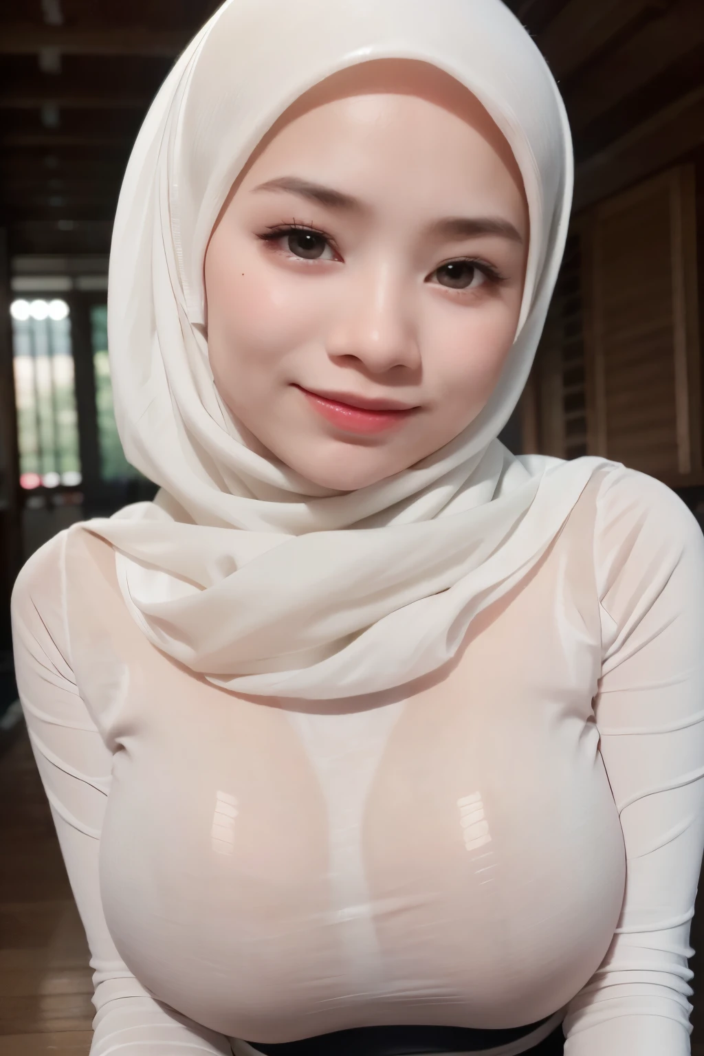 adorable, 1 girl, (face to face), , baby face, hf body portrait, (face details: 1), (eye details: 1), ((big breasts)). wearing transparent white long shirt, hijab, .. Cute posed. proportional body. Ultra High Res. realistic: 1.4, UHD