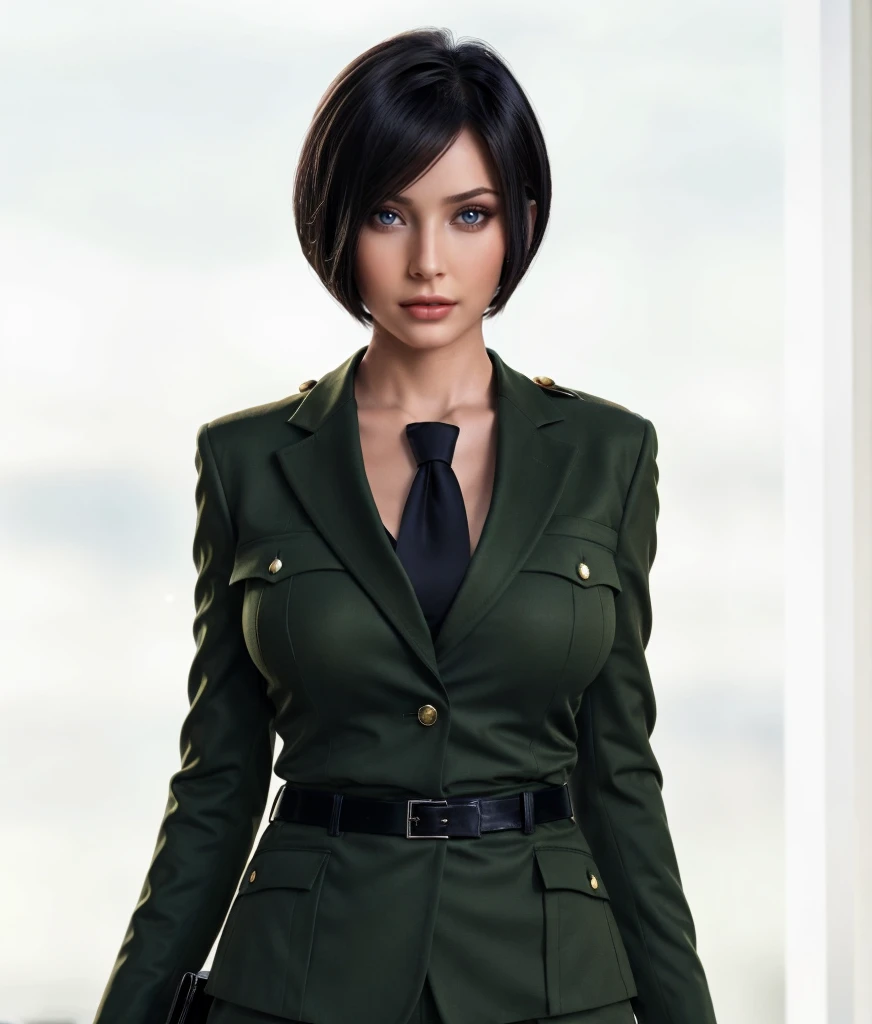 asian woman in green military uniform, brown bob Haircut,green blazer, green trousers, black belt, black necktie, brown hair, blue epaulet, cleavage, standing in the Office