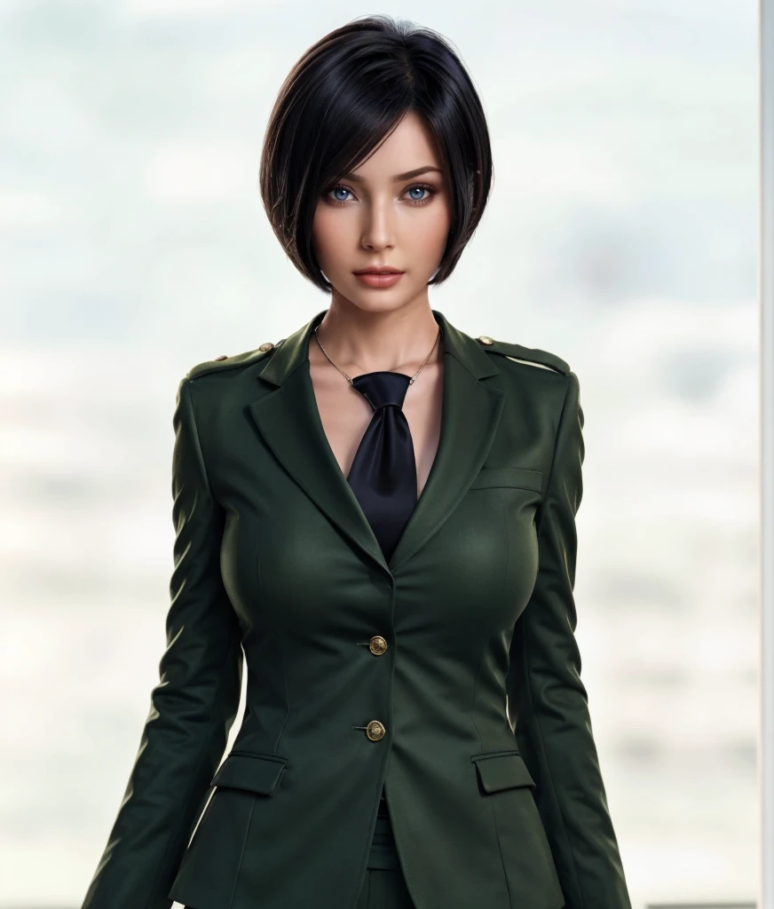 asian woman in green military uniform, brown bob Haircut,green blazer, green trousers, black belt, black necktie, brown hair, blue epaulet, cleavage, standing in the Office