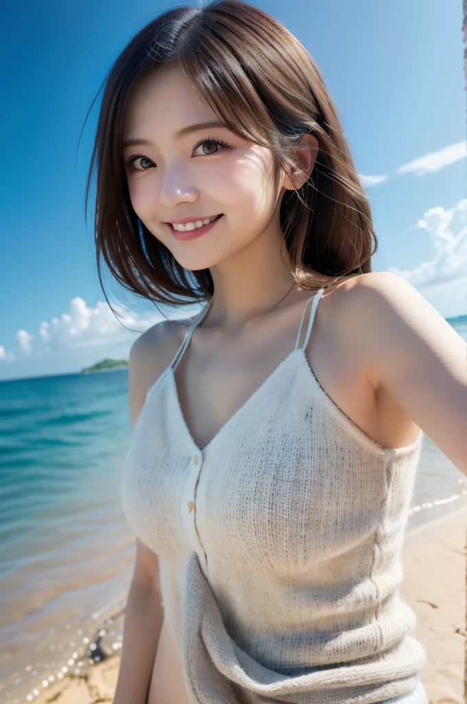 hyper detailed, FHD, woman, standing, looking at viewer, japanese, 20-year-old, smiling, on the beach, cute, undone clothing