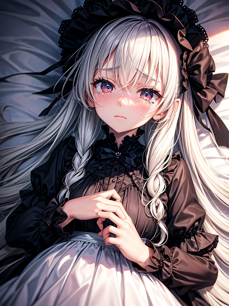 Highest quality,Highest Resolution,A sexy gothic lolita drools and sheds tears,Bedroom,