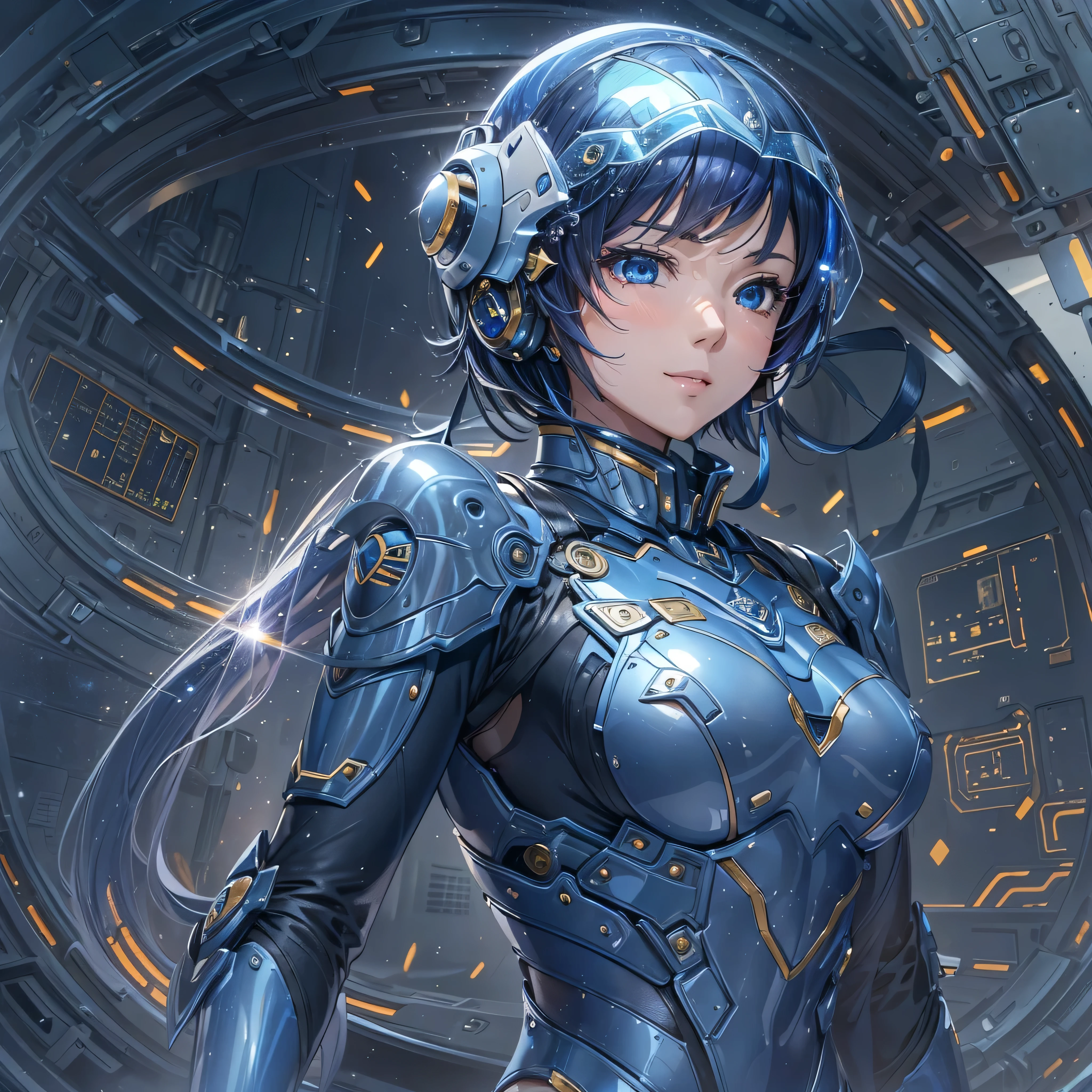 (masterpiece、Highest quality、Highest Resolution、Clear_image、Detailed details、Angle from above): (Whole body、One 20 year old girl、Japanese Faces、Small Face、Slender、Navy blue super short bob cut hair、(Hidden small breasts:1.3)、Sparkling blue eyes、Shiny pilot suit in blue and black colors、Chest protection armor、Tight fitting clothes、Clothing that covers the whole body、Glamorous clothes、Tight Fit Pants、Hide your skin、Very delicate and beautiful、Detailed Skin、hide thighs、Hide your ass、Cute、A gentle smile、Soft expression、heroine、headset、Knee-high boots、Elbow-length gloves、Eye Level Shot、Face directly、Woman on a spaceship)