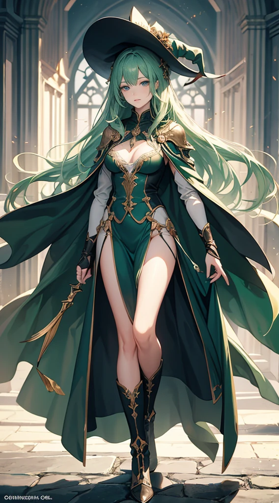 Highest quality、masterpiece、8K、Realistic、超High resolution、Very delicate and beautiful、High resolution、Fantasy、Perfect female body、mature woman、Green Hair、long Hair、Toned body、Cape、Clothing with low exposure、pants、boots、cigarette、Full body emphasis、Simple Background、wizard、witch