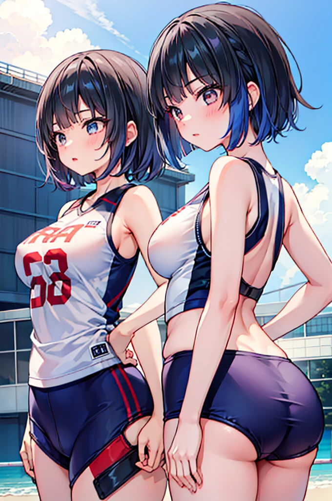 (Two Girls, Same height :1.2) ,Back view, Volleyball Uniforms, Couple Focus , (Cute Japanese Girl) , Very large breasts,(smile:0.7), Stand next to each other , Upper Body, Beach Volleyball,Recall, Realistic nipples, Realistic ass crack, Very Short Hair , (High color saturation:1.0), (Highly detailed skin), (Highest quality:1.2), (Ultra-high resolution:1.0) ,(Like the picture:1.0), (Ultra-detailed:1.0), (Realistic:1.2),(8K, RAW Photos:1.1)
