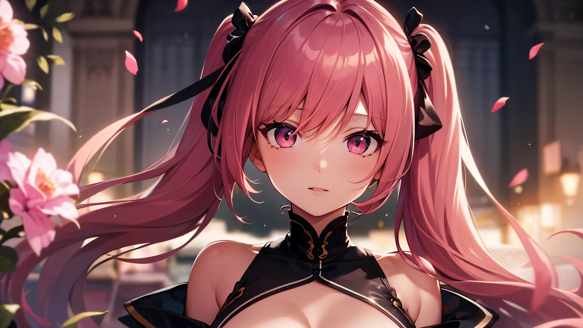 Highest quality, 8K, 4K, High resolution, High Contrast, The upper body is visible,1girl,only,Pink Hair,Twin tails,(Beautifully detailed face),Yellow, clear eyes,Upper Eye,She has big breasts,20generation,one piece,flower
