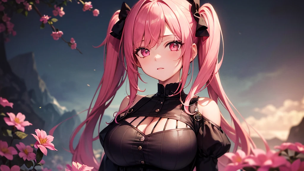 Highest quality, 8K, 4K, High resolution, High Contrast, The upper body is visible,1girl,only,Pink Hair,Twin tails,(Beautifully detailed face),Yellow, clear eyes,Upper Eye,She has big breasts,20generation,one piece,flower