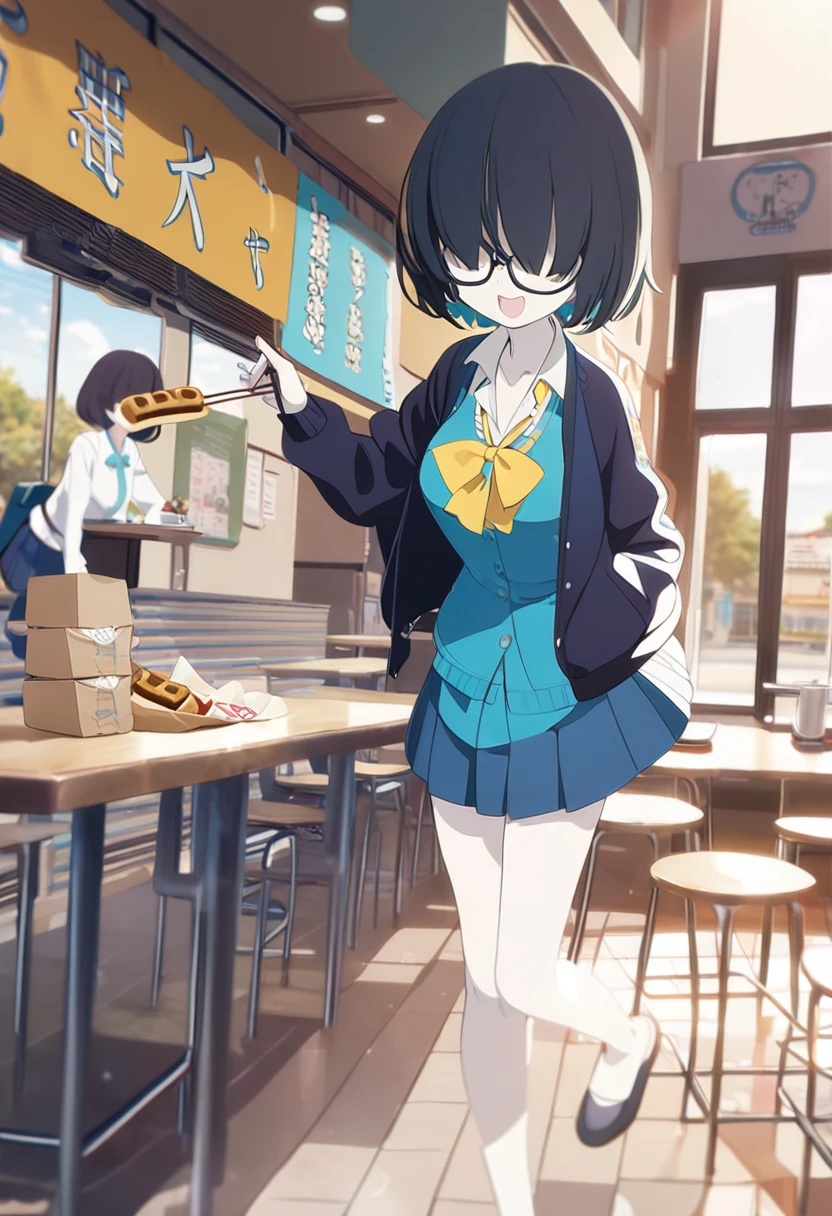 1girl, , turquoise vest, collared shirt, yellow bowtie, open jacket, blue skirt, black-framed eyewear, pleated skirt, black hair, turquoise bangs, very short hair, hair over eyes, pale skin, medium breasts, turquoise eye, smile, school, cafeteria, eating oden, table, (masterpiece), best quality, anime style, full body