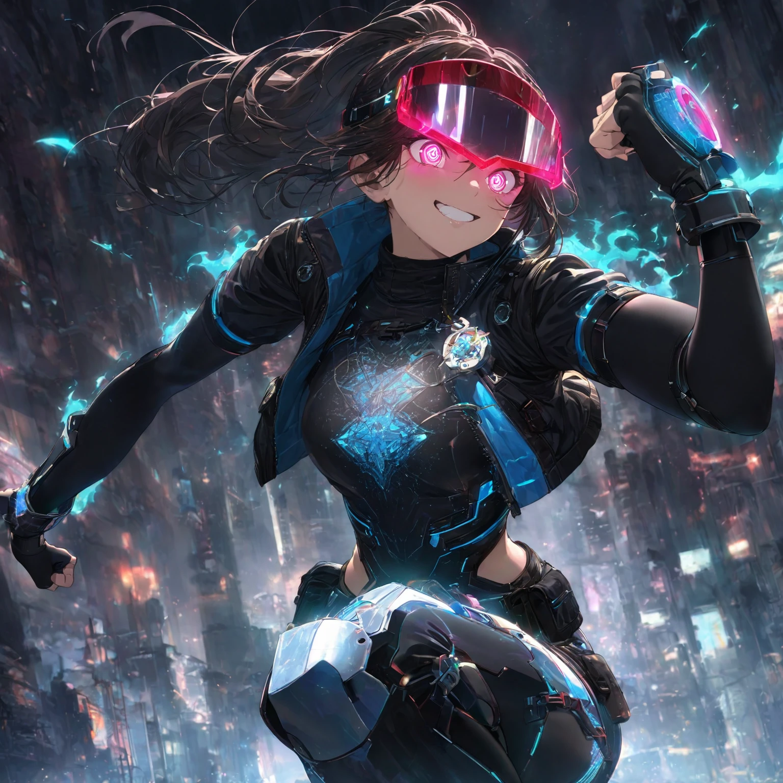 A girl with an athletic build, (nude:0.8), in a dynamic pose showcasing agility, with an excited facial expression, wide sparkling eyes, a broad smile or shout, and clenched fists, wearing a sleek, fitted, armored bodysuit with reinforced segments and glowing circuitry patterns, a cropped, high-collar leather jacket with metallic studs, lightweight cyber-enhanced bracers with holographic interfaces, fingerless gloves with glowing runes, combat-ready pants with reinforced knee pads and utility pockets, a utility belt with a glowing buckle, high-tech shin guards with thrusters and retractable blades, sturdy knee-high combat boots with reinforced soles, her hair styled in a high ponytail or braided with metallic threads and glowing beads, a sleek augmented reality visor with metallic feathers, in a color scheme of dark tones with bright glowing accents, a short, asymmetrical color-changing cloak with glowing runes, and small mystical charms or amulets, in a dark and dramatic setting with a ruined cityscape or futuristic battleground, enhanced with sparks and energy surges illuminating the character and reflecting her fiery, powerful theme, with dynamic lighting emphasizing her energetic pose and excited expression, detailed gorgeous face| anime style| key visual| intricate detail| highly detailed| breathtaking| vibrant| panoramic| cinematic| Carne Griffiths| Conrad Roset| gibbli 8k