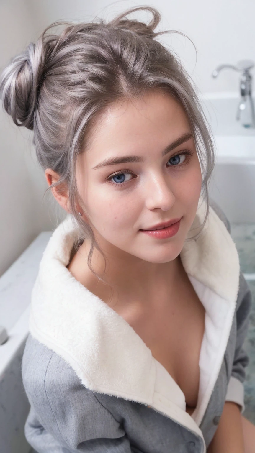 1 Girl, Beautiful, Baby Face, 20 Years Old, White Skin, , ????? , Skinny, , , standing in The Bathroom,attractive , seductive, , , medium breasts, Grey Hair, Silver messy bun hairstyle, raised up arms, ((adorable:1.1)), ((masterpiece:1.1)), Sleepy Cute Face, grey hair,silver messy hairstyle, blue eyes, attractive, seductive, dynamic angle, soft laughter, (Shoulder off outer Jacket), (8k, RAW photo, best quality, masterpiece: 1.2), (realistic, realistic: 1.37), ,(((masterpiece))),(best quality),solo, extremely detailed, detailed face,(full body:1.2), the portrait is centered,(close-up:1.4),upper body,(from above:1.4),(wide-angle lens:1.2), looking at viewer,