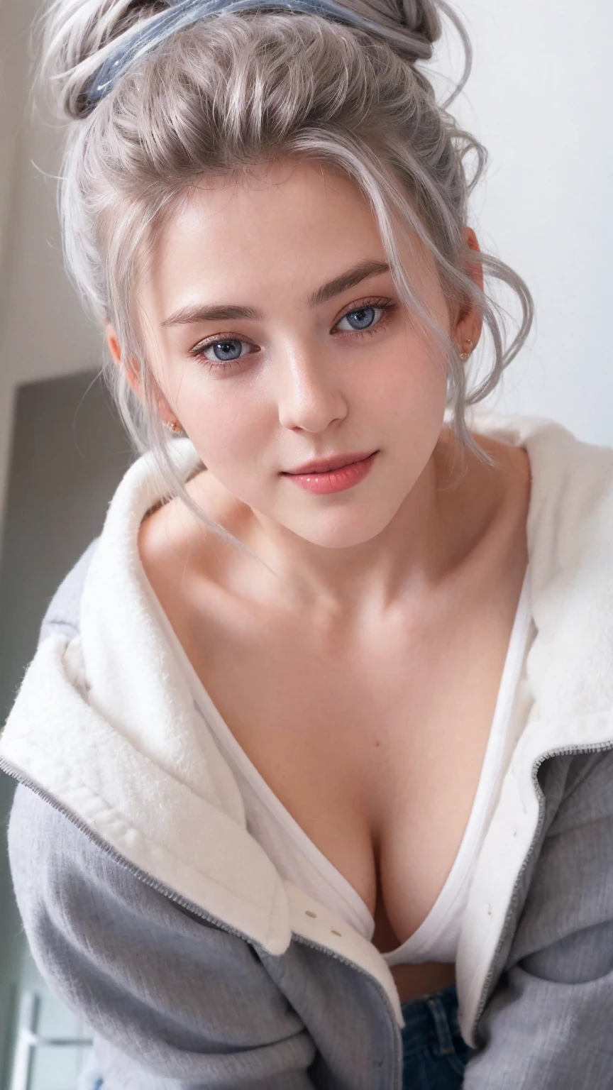 1 Girl, Beautiful, Baby Face, 20 Years Old, White Skin, , naked , Skinny, , , standing in The Bathroom,attractive , seductive, , , medium breasts, Grey Hair, Silver messy bun hairstyle, raised up arms, ((adorable:1.1)), ((masterpiece:1.1)), Sleepy Cute Face, grey hair,silver messy hairstyle, blue eyes, attractive, seductive, dynamic angle, soft laughter, (Shoulder off outer Jacket), (8k, RAW photo, best quality, masterpiece: 1.2), (realistic, realistic: 1.37), ,(((masterpiece))),(best quality),solo, extremely detailed, detailed face,(full body:1.2), the portrait is centered,(close-up:1.4),upper body,(from above:1.4),(wide-angle lens:1.2), looking at viewer,