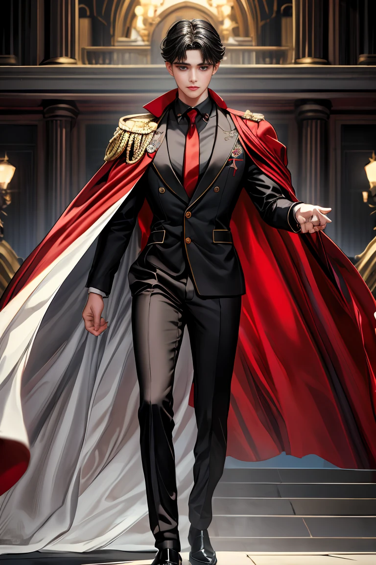 
masterpiece, 最high quality, high quality, 1 boy, alone, Male focus, Watching the audience,  Messy black hair, Adorable big blue eyes, White people, Noble, Noble,Sexy voluminous black and red cape、Tuxedo、A very voluminous, large, very large, very large, long, long red and black cape with a high stand-up collar, reaching down to the floor, made of a lot of fabric., 17 years old,Cute beautiful boys,Cute, cute, kind, handsome guy