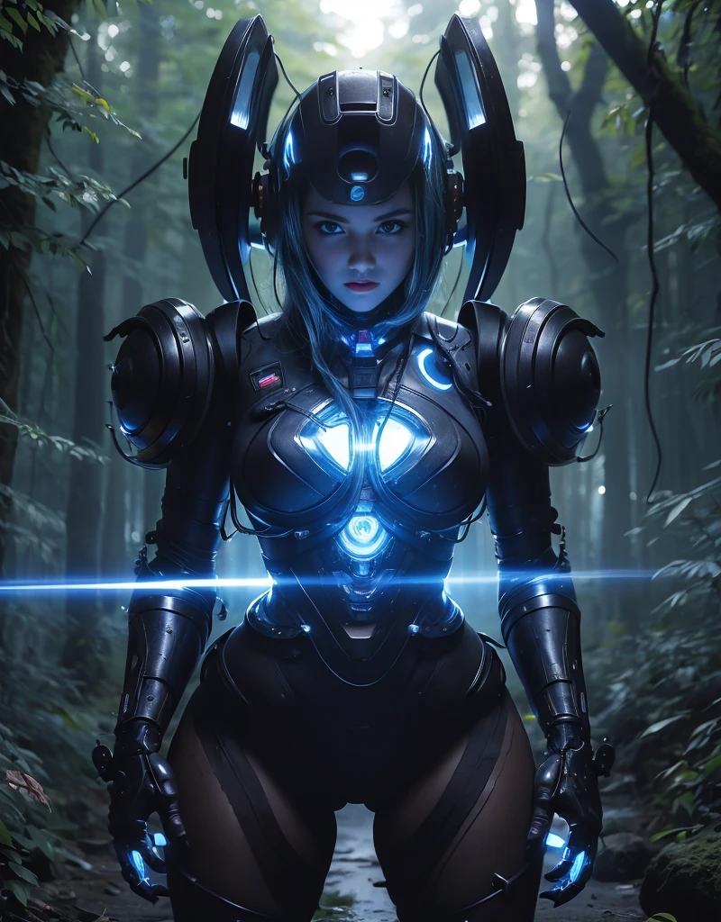 (1 Mechanical Girl)、top-quality、masterpiece、超A high resolution、, ((Very detailed eyes and face)))), (((Very detailed face)))), beautiful detailed eyes, detailed face, (Photorealsitic:1.4)、Raw photo、1人、、glowy skin、(((1 Mechanical Girl)))、With a beautiful knife、(Green Metal Bodysuit)、,(Fight fiercely against aliens)、Fight fiercely、(beautiful forest background)、(Small LED)、((super realistic details))、portlate、,globalillumination、Shadow、octan render、8K、ultrasharp、Colossal 、Raw skin is exposed in cleavage、metals、Details of complex ornaments、Japan details、highly intricate detail、Realistic light、(Mystical expression),CGSoation Trends、Blue eyes、radiant eyes、Facing the camera、neon detailechanical limbs)、(blood vessels connected to tubeechanical vertebrae attached to the back、mechanical cervical attaching to neck、(Wires and cables connecting to the head)、Gundam、Small LED、,Mechanical thighs、Toostock、(Hands are also made of machines)、(Attack of the Monster Beasts)、(Wounded in a deadly battle)、 (Thick thighs:1.3) , (PAWG body:1.3)