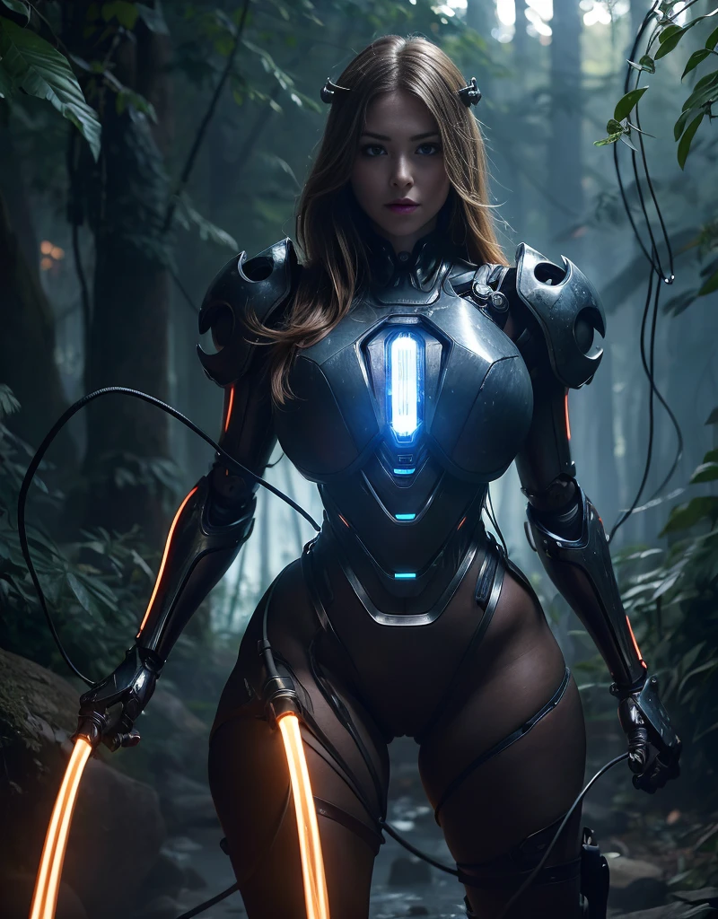 (1 Mechanical Girl)、top-quality、masterpiece、超A high resolution、, ((Very detailed eyes and face)))), (((Very detailed face)))), beautiful detailed eyes, detailed face, (Photorealsitic:1.4)、Raw photo、1人、、glowy skin、(((1 Mechanical Girl)))、With a beautiful knife、(Green Metal Bodysuit)、,(Fight fiercely against aliens)、Fight fiercely、(beautiful forest background)、(Small LED)、((super realistic details))、portlate、,globalillumination、Shadow、octan render、8K、ultrasharp、Colossal 、Raw skin is exposed in cleavage、metals、Details of complex ornaments、Japan details、highly intricate detail、Realistic light、(Mystical expression),CGSoation Trends、Blue eyes、radiant eyes、Facing the camera、neon detailechanical limbs)、(blood vessels connected to tubeechanical vertebrae attached to the back、mechanical cervical attaching to neck、(Wires and cables connecting to the head)、Gundam、Small LED、,Mechanical thighs、Toostock、(Hands are also made of machines)、(Attack of the Monster Beasts)、(Wounded in a deadly battle)、 (Thick thighs:1.3) , (PAWG body:1.3)