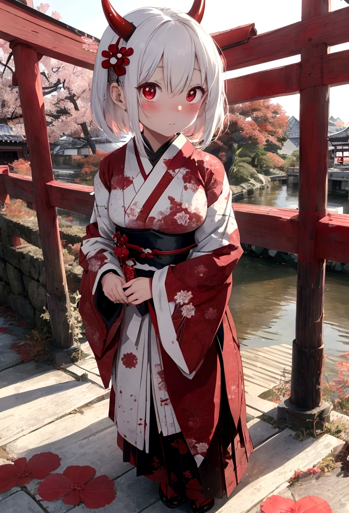 Please write a scene of a cute, classic Japanese red demon slightly scaring a woman on an old bridge.。The demon is completely covered in tattered white cloth.。Only the face is visible through the fabric.。Orientation is landscape。