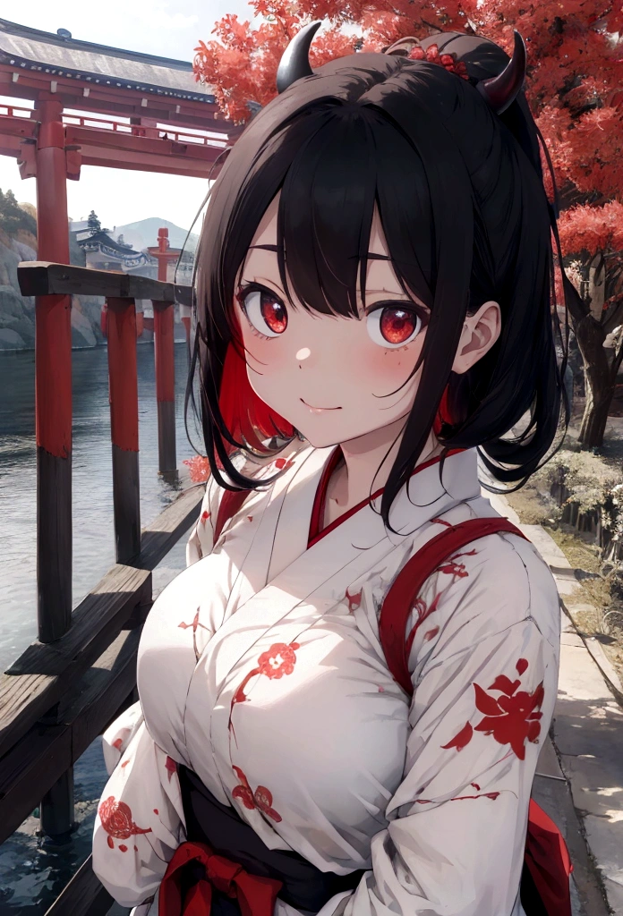 Please write a scene of a cute, classic Japanese red demon slightly scaring a woman on an old bridge.。The demon is completely covered in tattered white cloth.。Only the face is visible through the fabric.。Orientation is landscape。