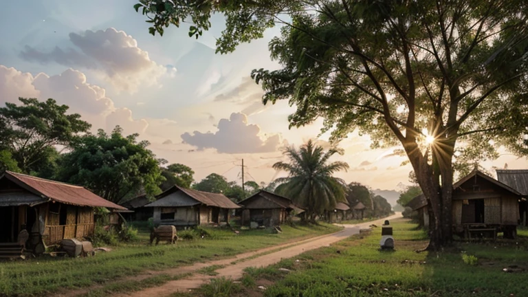 Village in the rural area of Isaan Thai people full of big trees lonely atmosphere There was evening light shining down on the trees.
