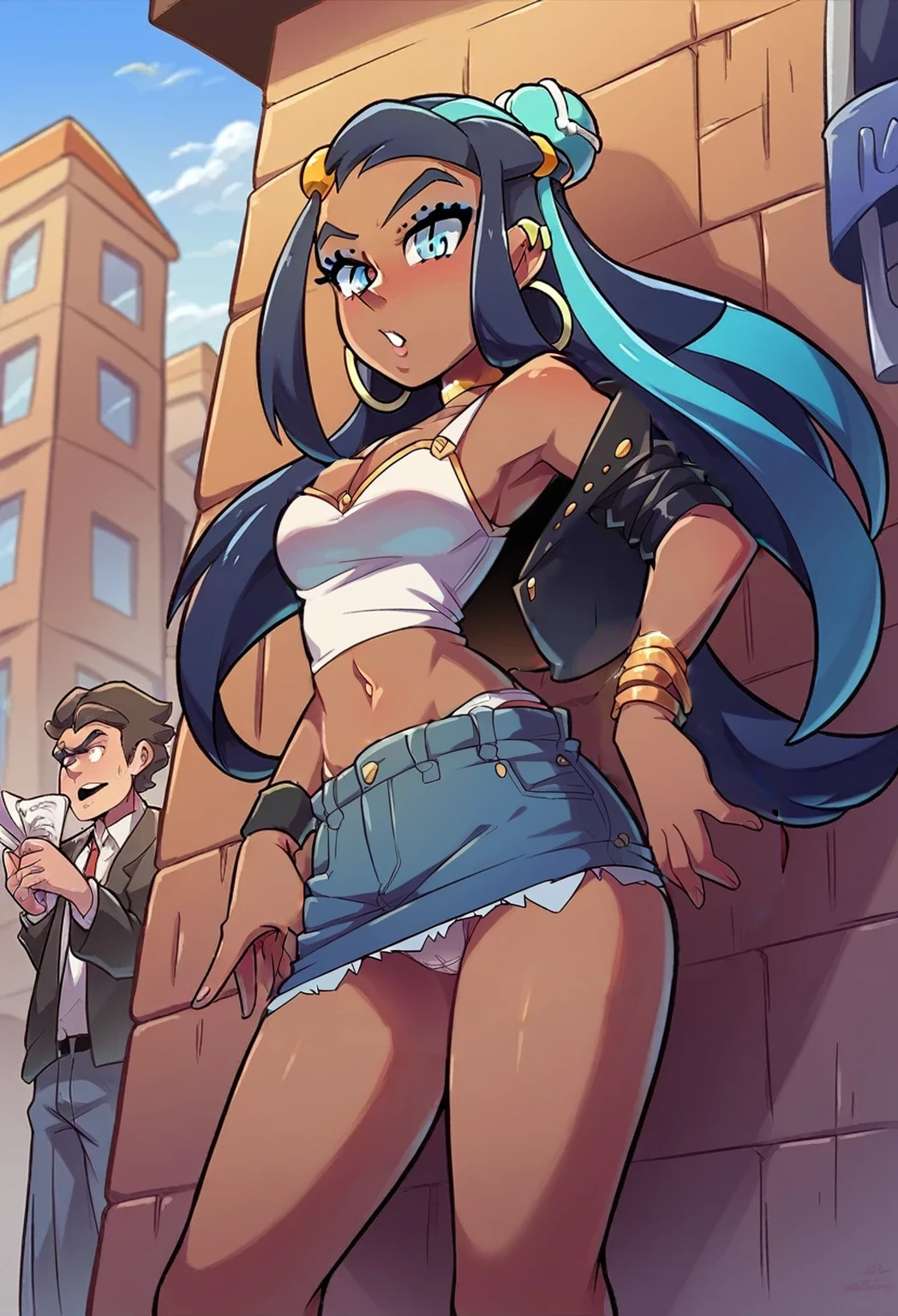 denim skirt and white panties