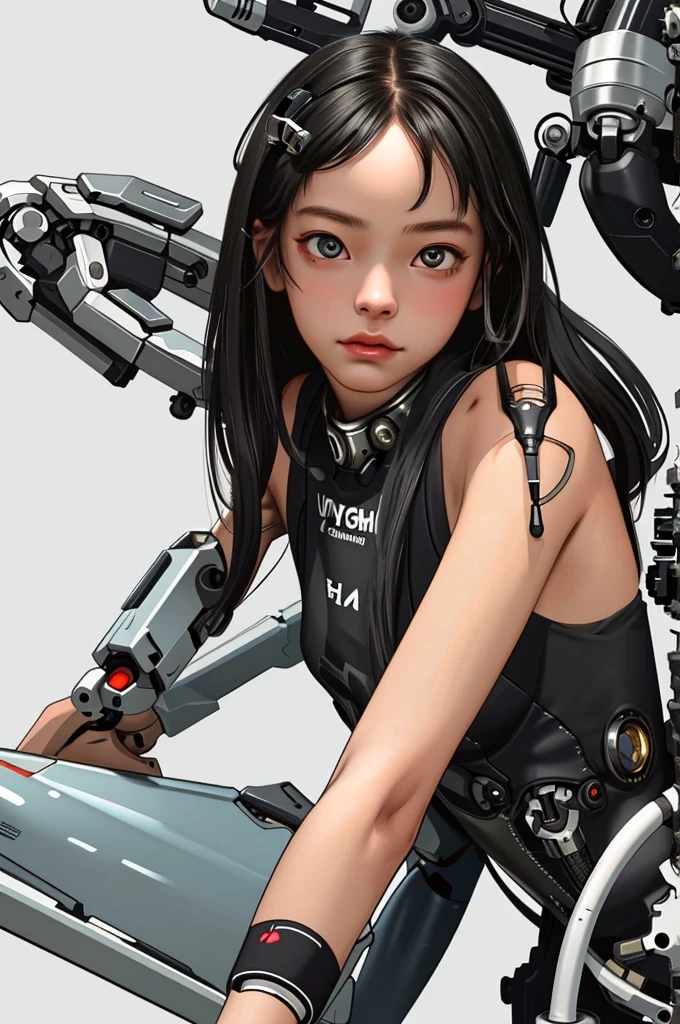 (best quality, masterpiece), 1girl, cyborg, looking at viewer, mechanical arms,