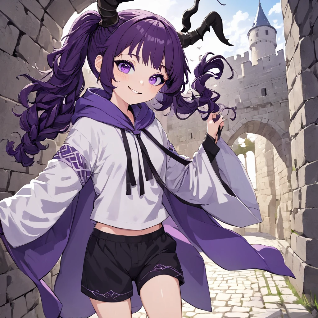 cheerful boy aristocrat open forehead. dark purple hair braided in a ponytail on the left side to one side. sinuous black horns wrapped in dark purple ribbon. pale violet eyes. in short dark purple shorts. long white T-shirt. dark purple knee-high socks. a white long robe with a hood flutters in the wind. black ancient stone walls of the castle purple light from lamps with gold ornaments, heterochromia, long curly hair, pale skin, I look at the viewer, closed mouth, bright smile, Beautiful, extremely detailed eye, Absolutely amazing art, extremely detailed, Digital art of the highest quality, full length, old piano, ancient walls of a stone castle