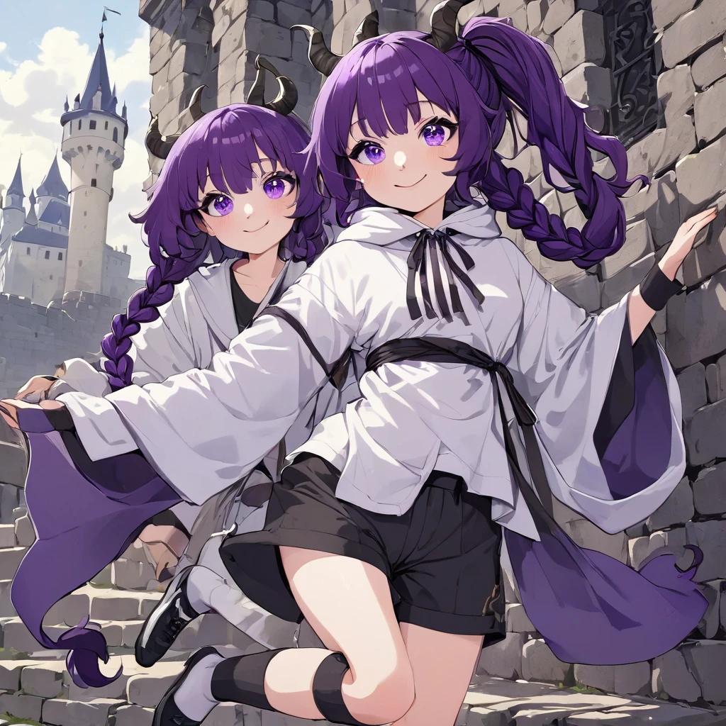 cheerful boy aristocrat open forehead. dark purple hair braided in a ponytail on the left side to one side. sinuous black horns wrapped in dark purple ribbon. pale violet eyes. in short dark purple shorts. long white T-shirt. dark purple knee-high socks. a white long robe with a hood flutters in the wind. black ancient stone walls of the castle purple light from lamps with gold ornaments, heterochromia, long curly hair, pale skin, I look at the viewer, closed mouth, bright smile, Beautiful, extremely detailed eye, Absolutely amazing art, extremely detailed, Digital art of the highest quality, full length, old piano, ancient walls of a stone castle