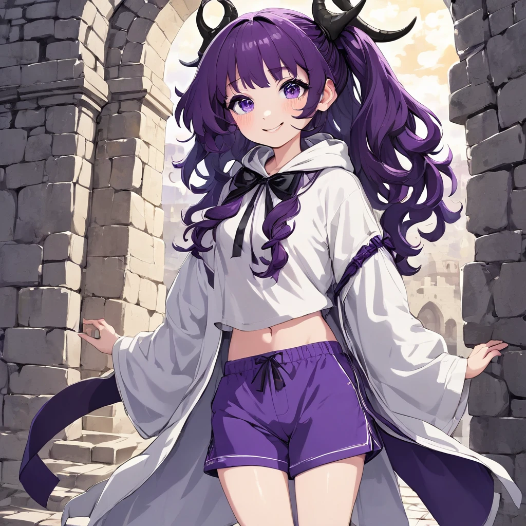 cheerful boy aristocrat open forehead. dark purple hair braided in a ponytail on the left side to one side. sinuous black horns wrapped in dark purple ribbon. pale violet eyes. in short dark purple shorts. long white T-shirt. dark purple knee-high socks. a white long robe with a hood flutters in the wind. black ancient stone walls of the castle purple light from lamps with gold ornaments, heterochromia, long curly hair, pale skin, I look at the viewer, closed mouth, bright smile, Beautiful, extremely detailed eye, Absolutely amazing art, extremely detailed, Digital art of the highest quality, full length, old piano, ancient walls of a stone castle