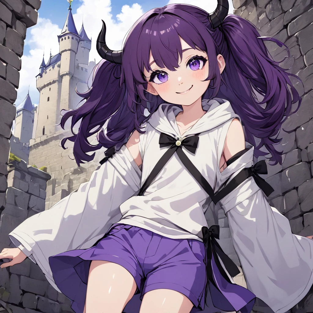 cheerful boy aristocrat open forehead. dark purple hair braided in a ponytail on the left side to one side. sinuous black horns wrapped in dark purple ribbon. pale violet eyes. in short dark purple shorts. long white T-shirt. dark purple knee-high socks. a white long robe with a hood flutters in the wind. black ancient stone walls of the castle purple light from lamps with gold ornaments, heterochromia, long curly hair, pale skin, I look at the viewer, closed mouth, bright smile, Beautiful, extremely detailed eye, Absolutely amazing art, extremely detailed, Digital art of the highest quality, full length, old piano, ancient walls of a stone castle