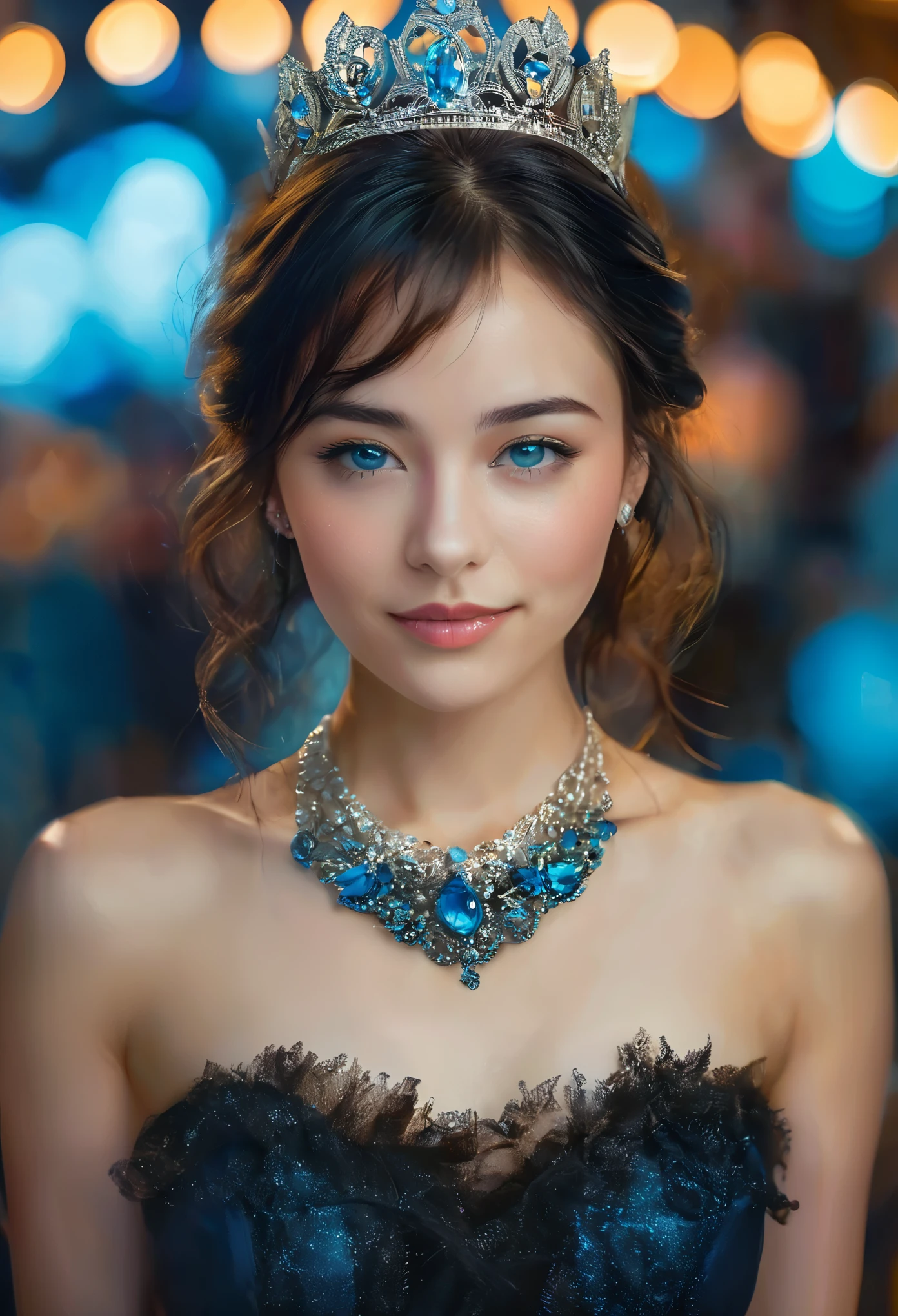 (best quality,4k,8k,highres,masterpiece:1.2),ultra-detailed,(realistic,photorealistic,photo-realistic:1.37), Very detailed CG uniform 8k wallpaper, One girl, alone, Blue Hair, tattoo, short hair, Have, jewelry, smile, necklace, Looking at the audience, Have, Realistic, Open your mouth, teeth, Upper Body, Best, nose, Bare shoulders, artist name, Black tiara, clavicle, arm tattoo, blue eyes, lips, Blurry, oil, Award-winning photography, bokeh, Depth of written boundary, High resolution, bloom, chromatic aberration, Realism, Very detailed, Art Station Complex, High detail, dramatic, art: Mid Journey
