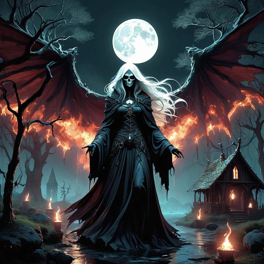 In the desolate reaches of the Shadowed Moors, where mist drifts like wraiths across barren heaths and ancient stones bear witness to forgotten rites, dwells an enigmatic figure—a white-haired old witch known only as Morwen the Dread. Bent with age and shrouded in a tattered black cloak that billows ominously in the chill wind, Morwen's piercing gaze holds the weight of centuries of arcane knowledge and unspoken horrors.
Within her dilapidated cottage, nestled amidst gnarled trees and surrounded by a thicket of thorns that ward off intruders, Morwen tends to her dark arts. Tonight, beneath the pallid light of a waning moon that casts skeletal shadows upon the barren landscape, she stands before a flickering hearth in her dimly lit chamber.
Her face, lined with age and etched with runes that pulse with an eerie light, contorts into a visage of twisted wisdom and malevolent intent as she brews a potion of unspeakable potency. The air is thick with the acrid scent of rare herbs and crushed bones, mingling with the faint whisper of incantations that echo through the cottage like a sinister hymn.
With gnarled fingers that tremble with the weight of forbidden knowledge, Morwen adds a handful of moonlit mushrooms plucked from the graves of fallen warriors and a drop of blood from a creature that slumbers beneath the Veil of Shadows. As the cauldron emits a sickly glow that bathes the room in a ghastly pallor, the potion swirls with hues of midnight and whispers of ancient curses.
Outside the cottage, the moors stir with the restless spirits of the damned and the spectral guardians that patrol Morwen's domain. Shadows dance upon the walls as she stirs the potion counterclockwise, binding the essence of darkness and death into its bubbling depths with each twisted incantation.
In a realm where fear and fascination converge and magic flows through every shadow and stone, Morwen's craft becomes a testament to the relentless pursuit of power, the lure of forbidden knowledg