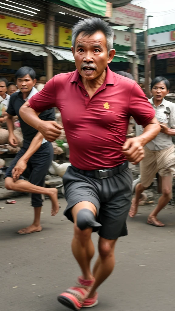 realistic photo, a 50 year old Indonesian man, running with a scared face, in a busy market, the man is being chased by angry mothers, because the man stole 2 chickens while running away,