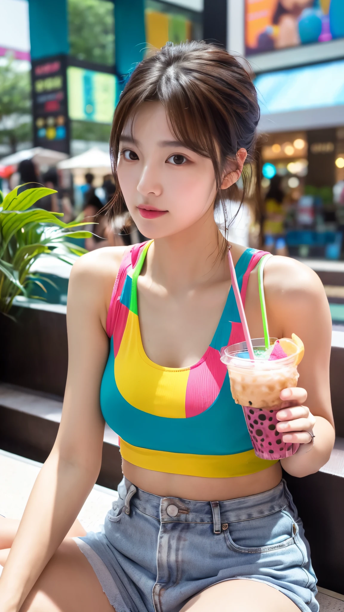 close-up of beautiful korean female, 34 inch breasts size, wearing colourful tank top, holding bubble tea, sitting in the mall, UHD