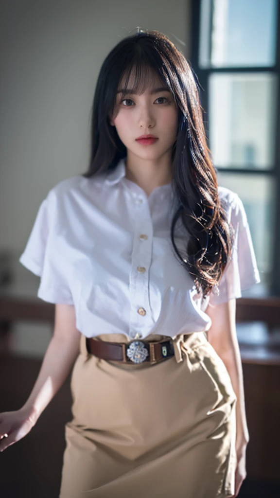 1girl, woman, masterpiece, best quality, highest quality, cinematic lighting, (volumetric lighting), extremely detailed CG unity 8k wallpaper, focused, 8k wallpaper, extremely detailed, ultra realistic, photorealistic, sharp focus, absurdres, (HDR:1.2), (high contrast), photograph, detailed and intricate, instagram, portrait, highly detailed, digital painting, artstation, concept art, smooth, sharp focus, illustration, cinematic lighting, (big breast:1.2), medium shoulder, white_shirt, short sleeves, very short skirt, shirt_tucked_in, belt, ((look at the viewer))