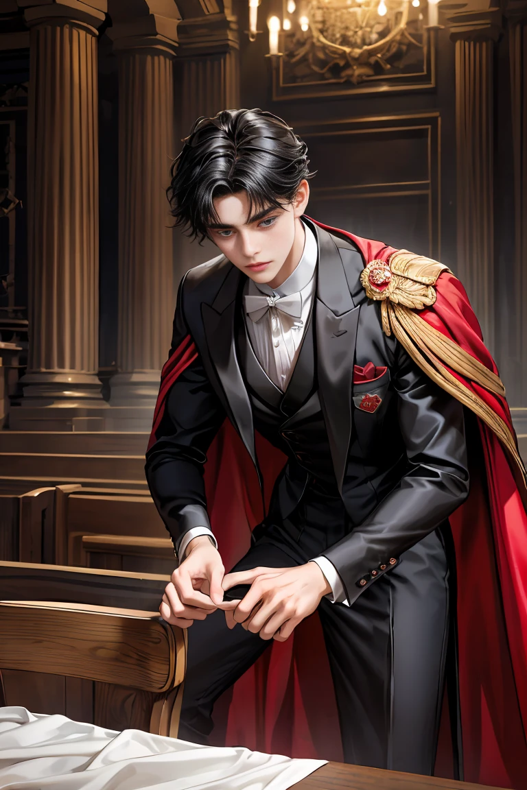 
masterpiece, 最high quality, high quality, 1 boy, alone, Male focus, Watching the audience,  Messy black hair, Adorable big blue eyes, White people, Noble, Noble,Sexy voluminous black and red cape、Tuxedo、A very voluminous, large, very large, very large, long, long red and black cape with a high stand-up collar, reaching down to the floor, made of a lot of fabric., 17 years old,Cute beautiful boys,Cute, cute, kind, handsome guy
