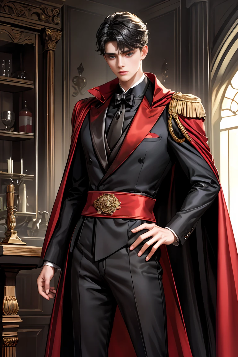 
masterpiece, 最high quality, high quality, 1 boy, alone, Male focus, Watching the audience,  Messy black hair, Adorable big blue eyes, White people, Noble, Noble,Sexy voluminous black and red cape、Tuxedo、A very voluminous, large, very large, very large, long, long red and black cape with a high stand-up collar, reaching down to the floor, made of a lot of fabric., 17 years old,Cute beautiful boys,Cute, cute, kind, handsome guy