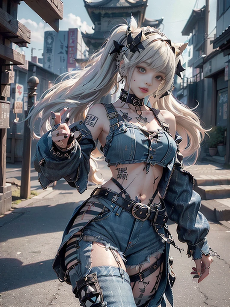 (Full Body View:1.3)、(Beautiful lips and nose:1.4)、(Long eyelashes:1.4)、(Side view:1.1)、(Smiling with teeth showing:1.3),(Shibuya Gal:1.5)、(Gothic Lolita delicately decorated dress:1.5)、(Tattered denim and black punk rock cargo pants:1.5)、(Denim and black navy skull mark small jacket:1.4)、(denim garter belt:1.5)、(Black and denim knee socks:1.3)、(Skull Silver Accessories:1.5)、(Denim collar:1.3)、(Brown Skin Belt:1.4)、(Brown boots:1.2)、(The underwear is striped:1.4)、31 years old、((Highest quality、In 8K、masterpiece:1.3))、Sharp focus:1.2、(Layered Cut、Huge boobs:1.1),Beautiful woman with perfect figure:1.4、(Dancing vigorously:1.3)、Slender Abs:1.2、Highly detailed face and skin texture、Detailed eyes、double eyelid,(Twin tails:1.3)、(Cream colored hair:1.3)、Gravure idol、(The background is a gorgeous temple in the sky:1.3)、(Slim body:1.2),(Make your legs thinner:1.4),(clavicle:1.1)
