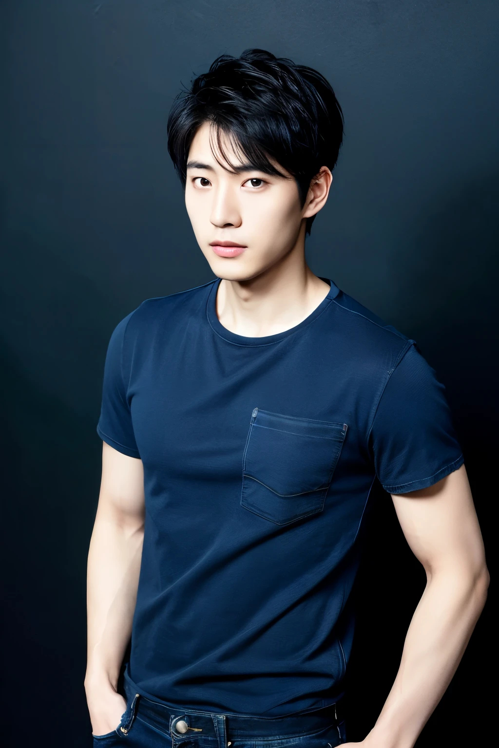 ((best quality)), ((masterpiece)), (detailed), 30 years old beautiful korean man, looking at camera, front of black background, wearing blue jeans, black tshirt short hair
