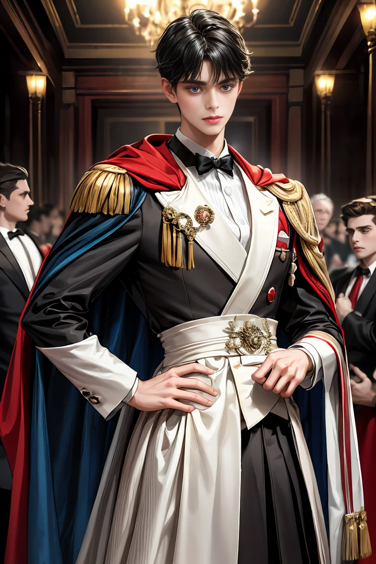 masterpiece, 最high quality, high quality, 1 boy, alone, Male focus, Watching the audience, Messy black hair, Adorable big blue eyes, White people, Noble, Noble,Sexy voluminous black and red cape、Tuxedo、A very voluminous, large, very large, very large, long, long red and black cape with a high stand-up collar, reaching down to the floor, made of a lot of fabric., ,Cute beautiful boys,Cute, cute, kind, handsome guy