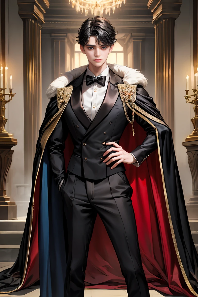 masterpiece, 最high quality, high quality, 1 boy, alone, Male focus, Watching the audience, Messy black hair, Adorable big blue eyes, White people, Noble, Noble,Sexy voluminous black and red cape、Tuxedo、A very voluminous, large, very large, very large, long, long red and black cape with a high stand-up collar, reaching down to the floor, made of a lot of fabric., 17 years old,Cute beautiful boys,Cute, cute, kind, handsome guy