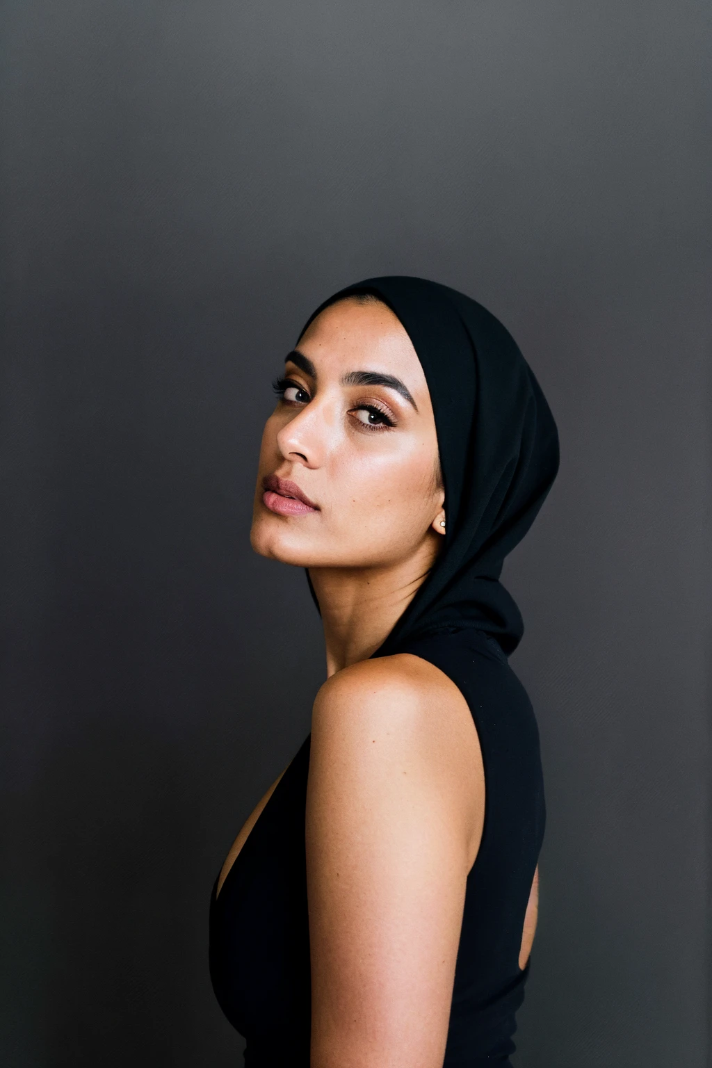 RAW photo,dark,moody,35mm focal lenght,underexposed,cold,candid photograph,artistic,full body,photo of a beautiful,influencer,30yo Arab woman,black hijab,detailed skin,naked, looking at viewer, thick body structure,grey background,no background, candid pose,dim room,blue light, film grain, kodak color, instagram LUT