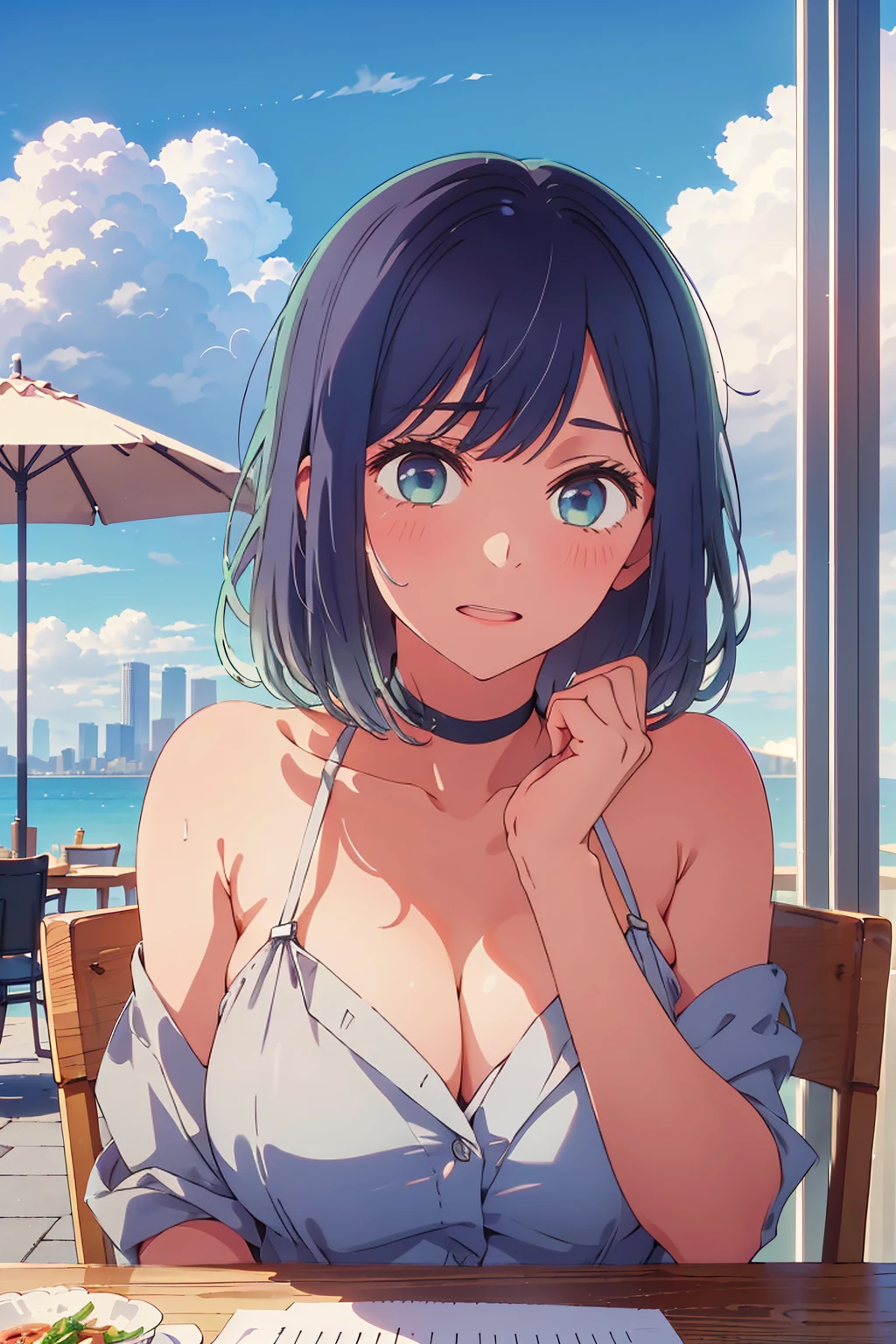 (Highest quality:1.4、masterpiece:1.4、超detailed:1.4、Ultra-high resolution:1.4、Absurd:1.4、Absolute Resolution:1.4、8K:1.4、detailed:1.4)、F cup bust、Big Breasts、Slim body、Very white beautiful skin、((((1 person、Surprised expression、sit、Chair、In the background are the urban buildings of Tokyo、looking at the camera、Outdoor café terrace、Navy hair color、juice、table、Very cute face))))、((((nude、very beautiful areola))))、(Pose with hands tucked behind ears:1.4、Cheek resting on hand:1.4)、Off-the-shoulder blouson、Black blouson with zipper、Very blue sky、A completely cloudless sky