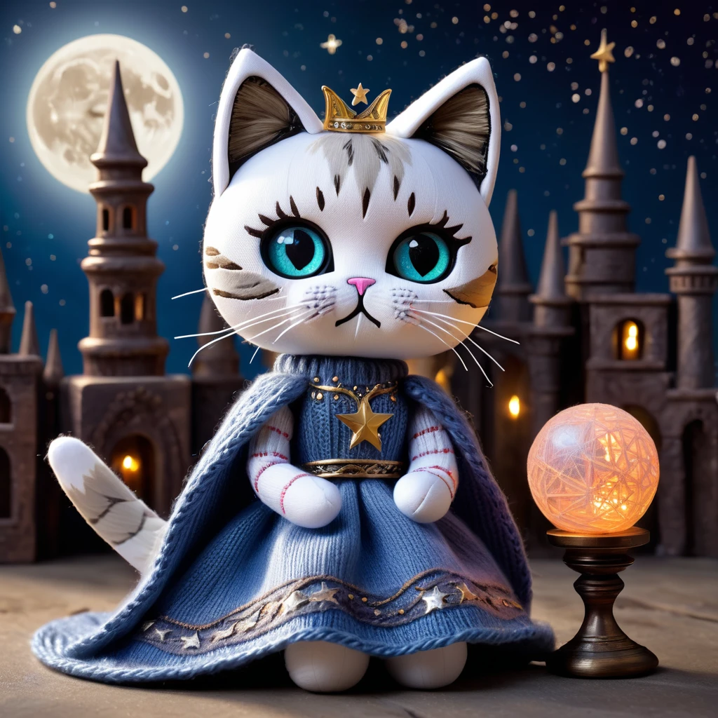 (voodoo doll toy knitting:1.7),(voodoo cat:1.5),(voodoo familiar Moon Cat:1.3),(clothing: silver dress with moon symbols, shimmering cloak with star patterns:1.0),(accessories: moon staff, enchanted crystal ball, crescent moon tiara:1.2),(background: abandoned tower with view of moon and stars, mystical aura surrounding the scene:1.2), best quality, masterpiece, detailed soft oil painting, detailed background, dramatic cinematic lighting, soft edge lighting, professional, dramatic lighting, hard edge lighting, ultra quality, 4k,masterpiece, best quality, 8k, ultra highres, highres, extremely detailed