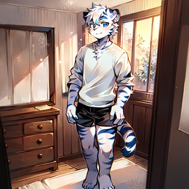 , Short white hair, ear, Lower Body, bedroom，Standing，hairy, White hair everywhere, White hair everywhere, White Tiger, Tiger Tail, masterpiece, High quality portrait, Humanoid,  youth style, posture, panoramic, White Tiger型, White short sleeve, Black shorts, super Handsome face, Handsome, Tiger Youth, blue eyes, White Tiger, white ear,  barefoot