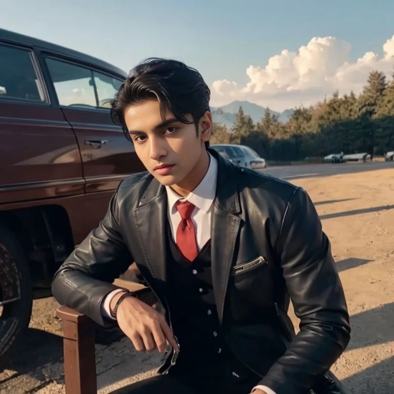 Aarav looks at the camera, perfect has a round face, A well-maintained model, handsome face,Close-up of a man wearing a black leather jacket., Southeast Asians with round faces, 3-D profile picture, 8K, 45,000,000 pixcls, realistic light colors