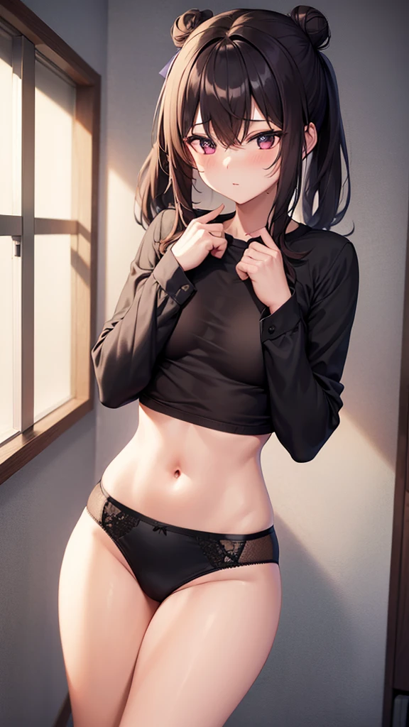1girl, underwear, tight shirt, lingerie, big chest, long torso, black hair, bun, shiny skin, reaching at the top of a cupboard