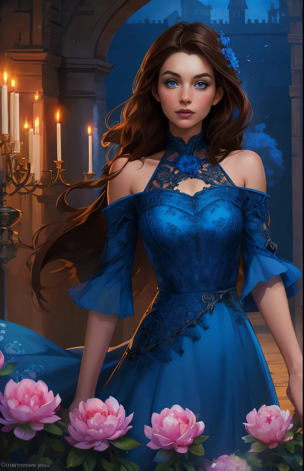 dark fantasy, girl, charming, with brown hair, blue eyes, in a blue dress, open shoulders, patterns on fabric, castle, flowers, peonies.