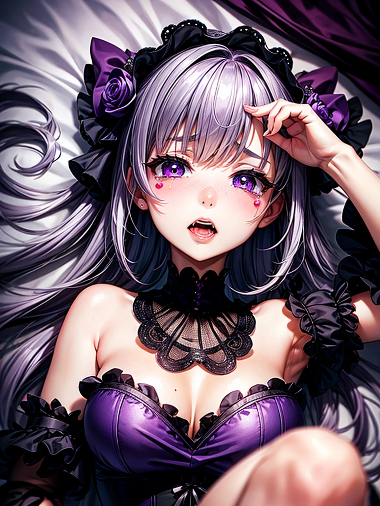 Highest quality,Highest Resolution,A sexy gothic lolita opens her mouth and drools while shedding tears,Bedroom,Big purple eyes,