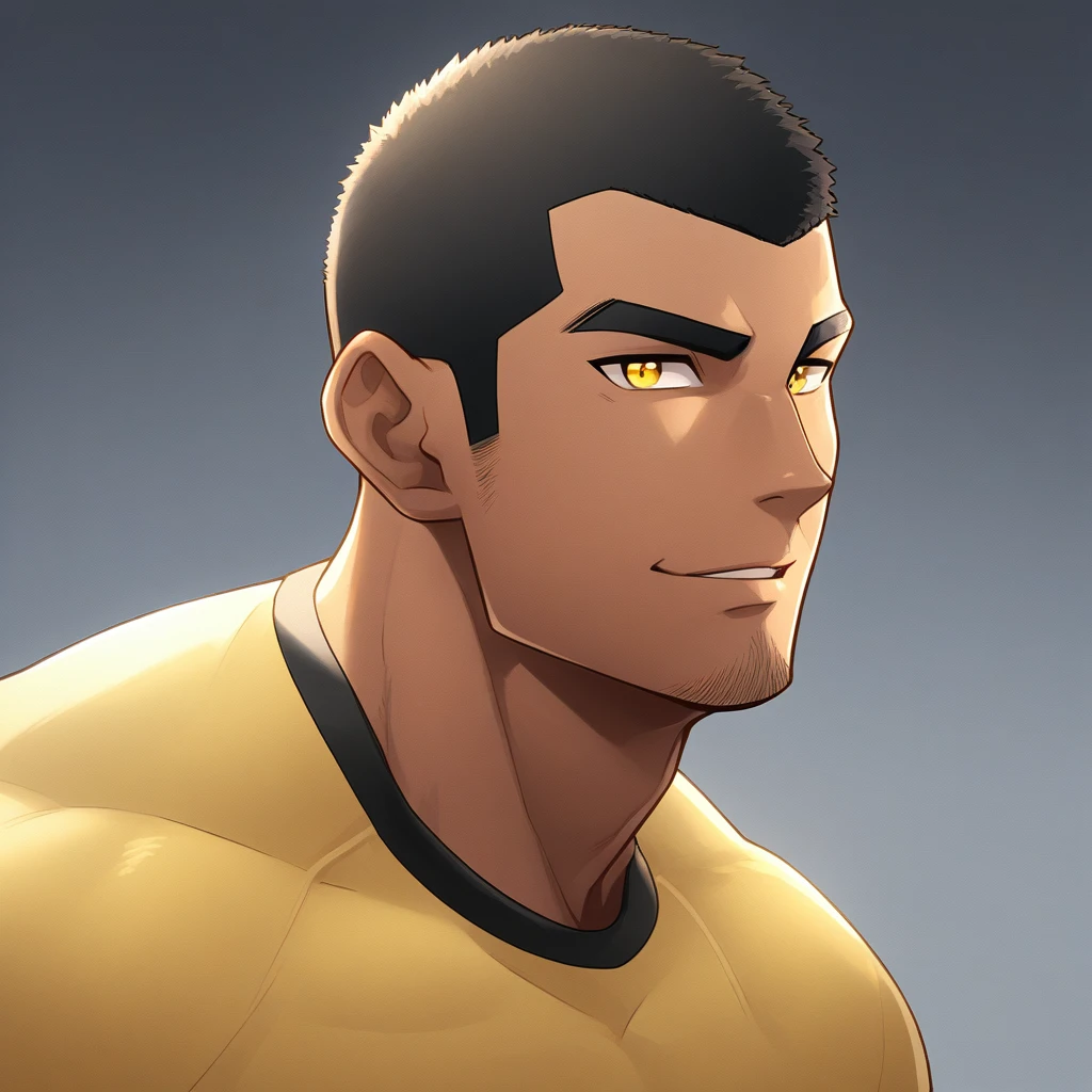 anime characters：Gyee, Young Muscle Sports Student, negro black skin, Buzz Cut, Manliness, male focus, Dark yellow long sleeve tight T-shirt, Slightly transparent texture, Very tight, Slightly transparent, muscular male, muscular, only, Upper body, alone, Black short hair, Thick eyebrows, stubble, Yellow eyes, Grey background, simple background, amazing quality, best aesthetics, Ridiculous, bright pupils, crew cut, parted lips, seductive smile, torogao, naughty face, best quality