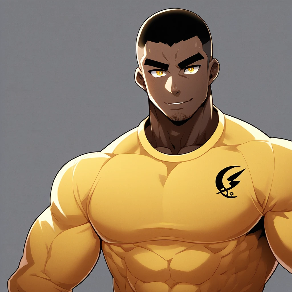 anime characters:Gyee, Young Muscle Sports Student, negro black skin, Buzz Cut, Manliness, male focus, Dark yellow long sleeve tight T-shirt, Slightly transparent texture, Very tight, Slightly transparent, muscular male, muscular, only, Upper body, alone, Black short hair, Thick eyebrows, stubble, Yellow eyes, Grey background, simple background, amazing quality, best aesthetics, Ridiculous, bright pupils, crew cut, parted lips, seductive smile, torogao, naughty face, best quality