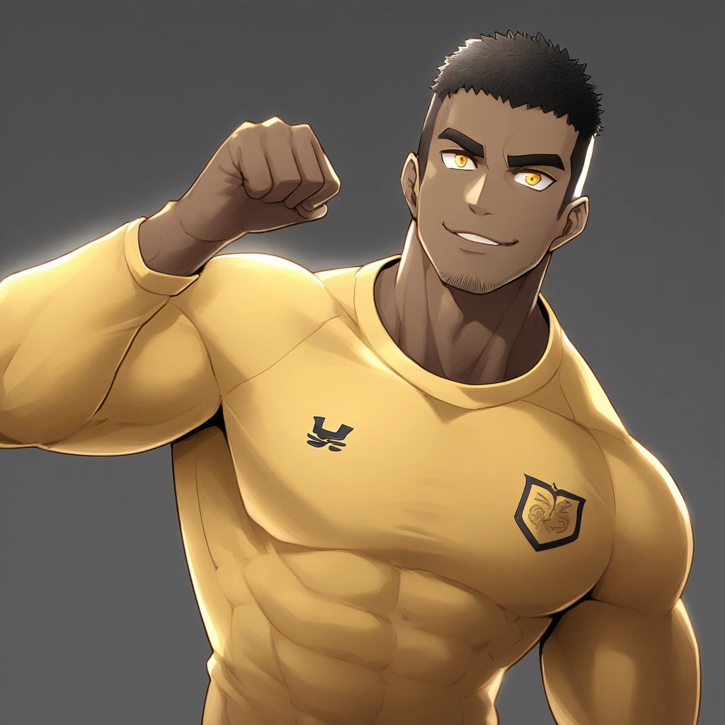 anime characters:Gyee, Young Muscle Sports Student, negro black skin, Buzz Cut, Manliness, male focus, Dark yellow long sleeve tight T-shirt, Slightly transparent texture, Very tight, Slightly transparent, muscular male, muscular, only, Upper body, alone, Black short hair, Thick eyebrows, stubble, Yellow eyes, Grey background, simple background, amazing quality, best aesthetics, Ridiculous, bright pupils, crew cut, parted lips, seductive smile, torogao, naughty face, best quality